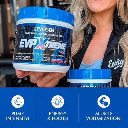 Evogen EVP Xtreme NO bottle highlights convenient on-the-go pre-workout energy.