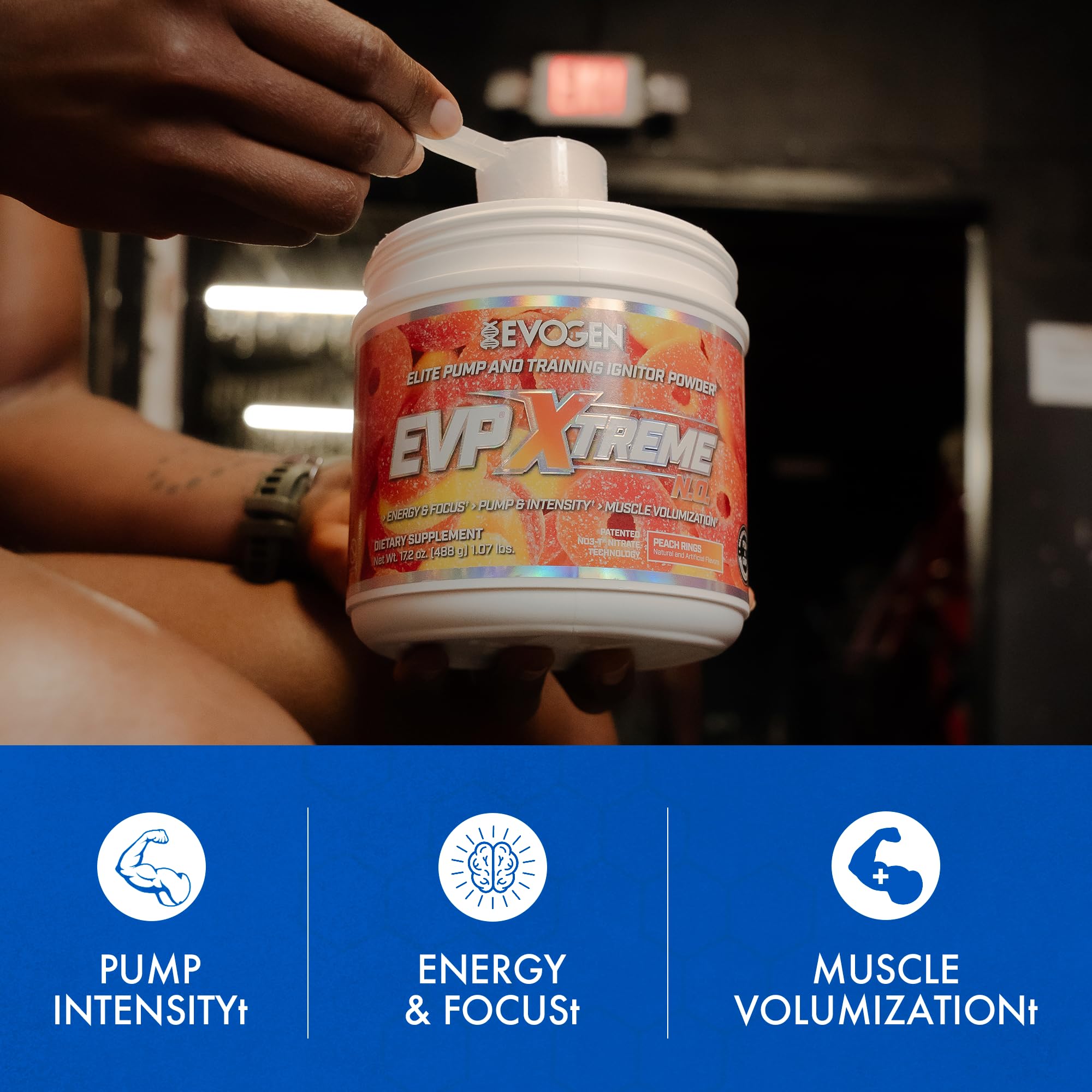 Evogen EVP Xtreme NO label closeup shows caffeine and beta-alanine for endurance support.