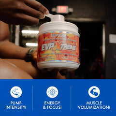 Evogen EVP Xtreme NO label closeup shows caffeine and beta-alanine for endurance support.