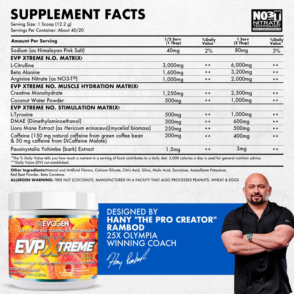 Evogen EVP Xtreme NO bottle back highlights ingredients and nutrition for informed pre-workout choices.