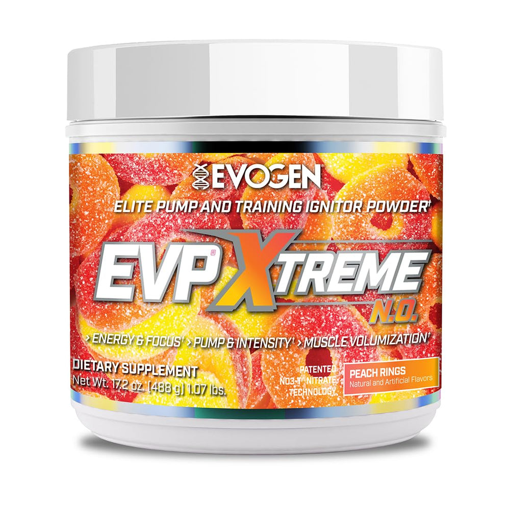 Evogen EVP Xtreme NO peach rings bottle front shows a sugar-free pre-workout option for clean energy and pump.