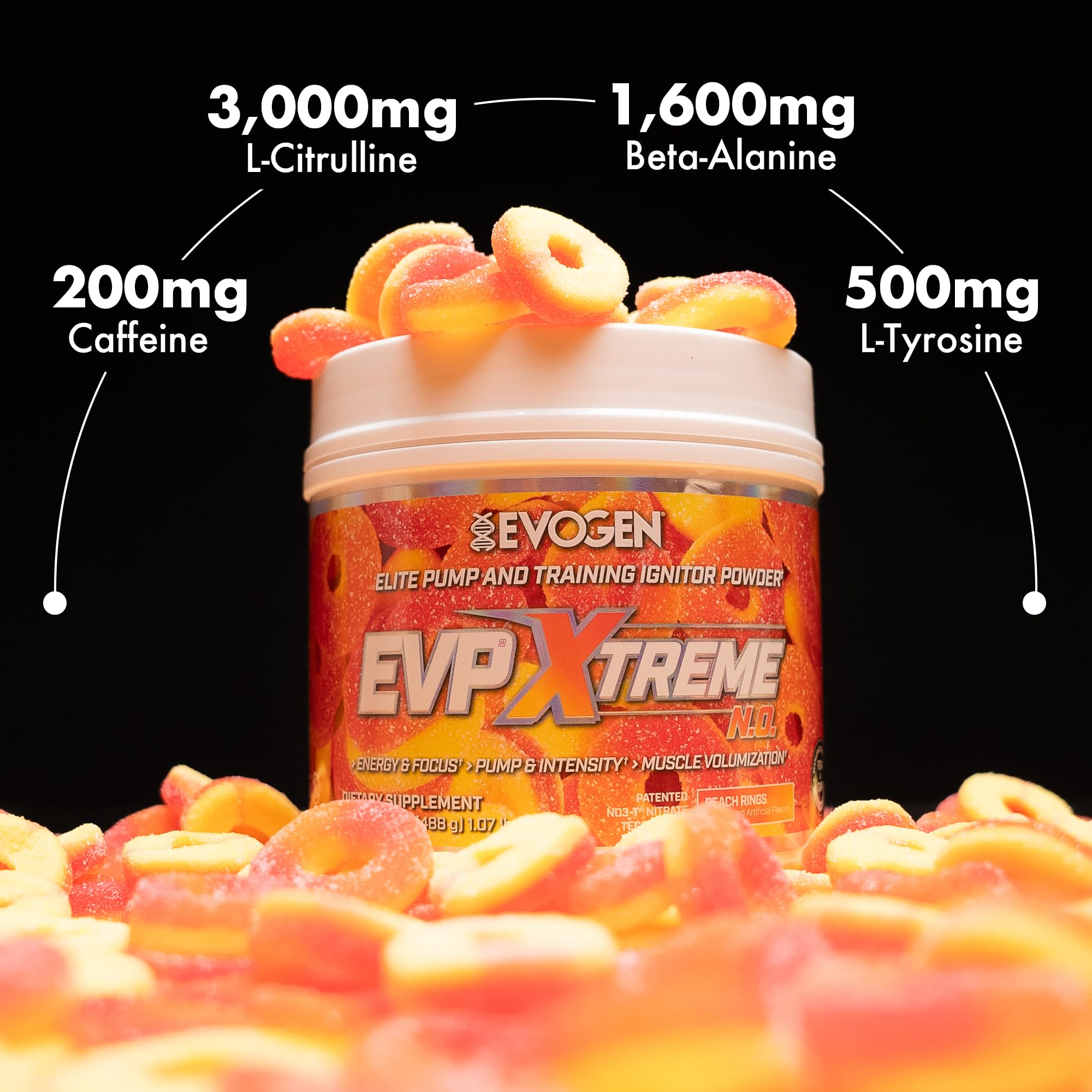 Evogen EVP Xtreme NO powder dissolving in water suggests rapid mix and flavor release.