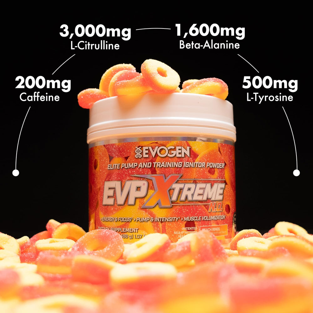 Evogen EVP Xtreme NO powder dissolving in water suggests rapid mix and flavor release.