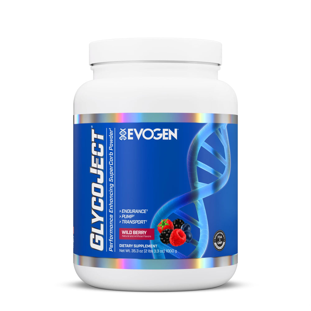 Evogen GlycoJect bottle front highlighting premium carb blend for sustained energy