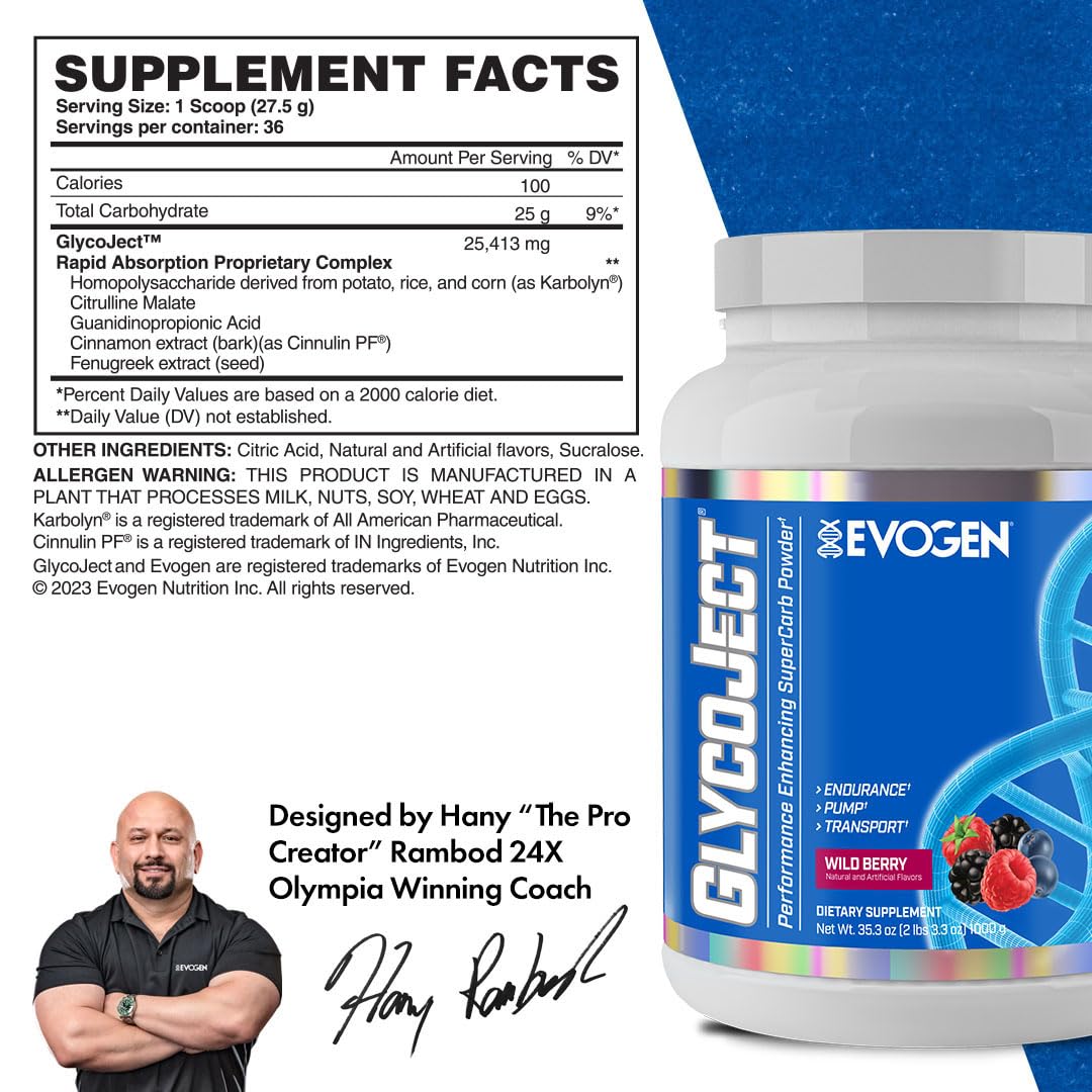 Evogen GlycoJect powder scoop showing fast-acting Karbolyn for quick glycogen support