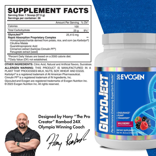 Evogen GlycoJect powder scoop showing fast-acting Karbolyn for quick glycogen support