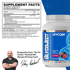Evogen GlycoJect powder scoop showing fast-acting Karbolyn for quick glycogen support