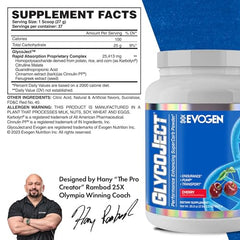 Evogen GlycoJect tub-front packaging: premium carbohydrate powder for pre or post workouts.