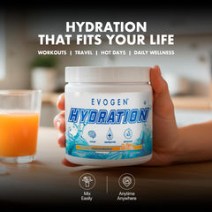 Label design of Evogen Hydration citrus flavor suggesting refreshing recovery