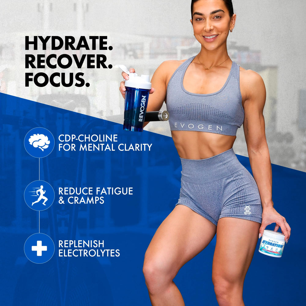 Glass of water with watermelon flavored Evogen Hydration ready to drink