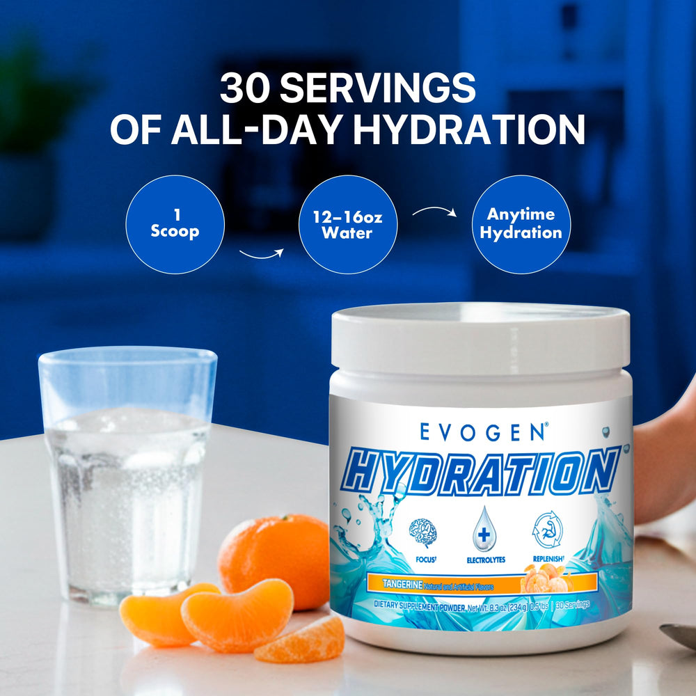Evogen Hydration glass with prepared Tangerine drink for training sessions