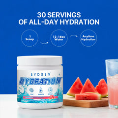 Measuring scoop with Evogen Hydration beside a glass of water