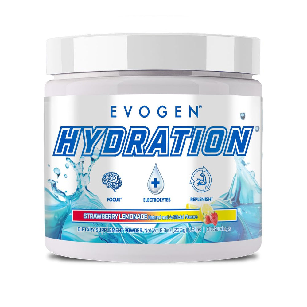 Evogen Hydration Strawberry Lemonade powder tub for refreshing hydration during workouts