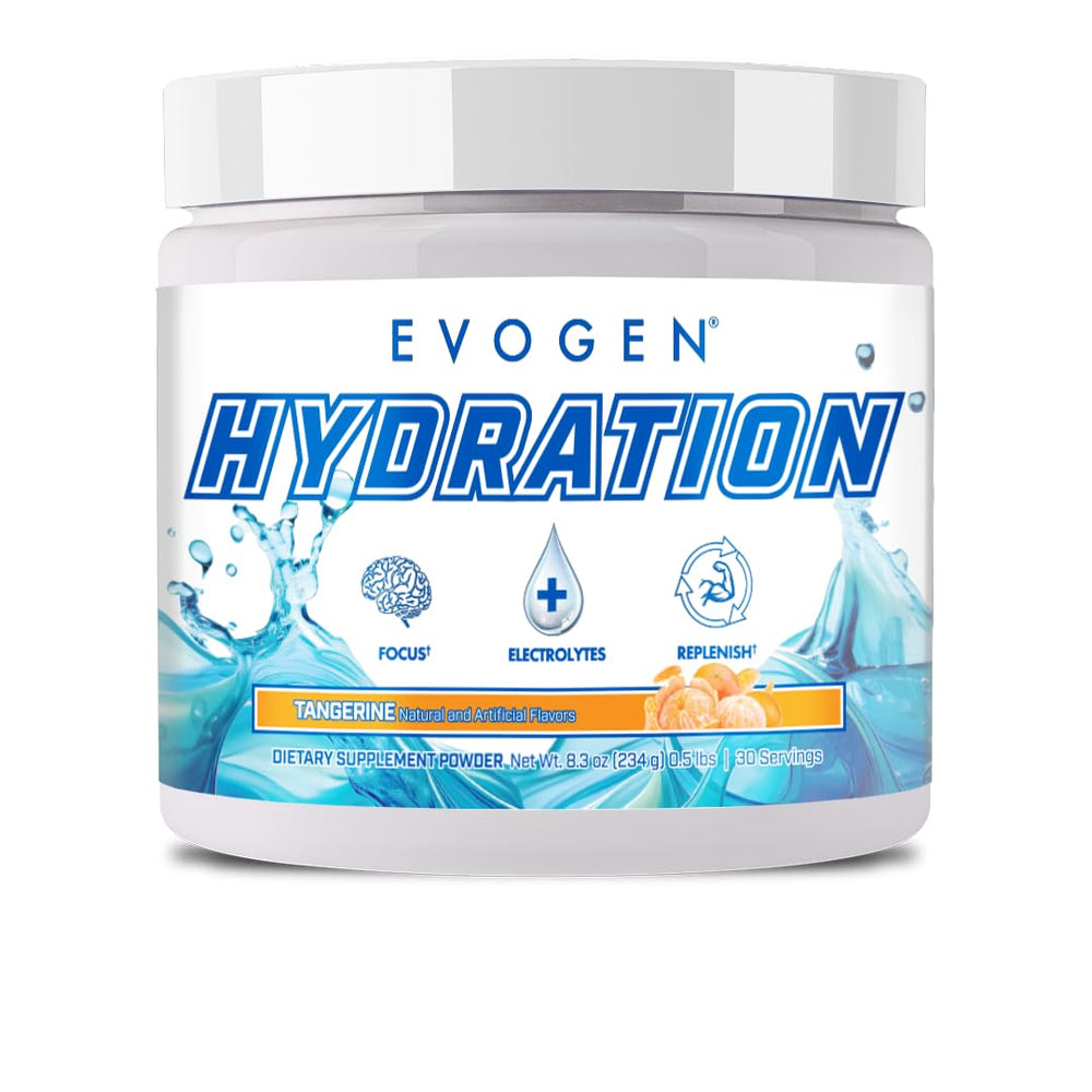 Evogen Hydration Tangerine bottle front view showing sugar-free electrolytes for workouts