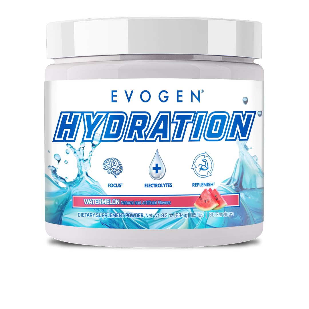 Evogen Hydration tub front showing sugar-free electrolyte powder for workouts