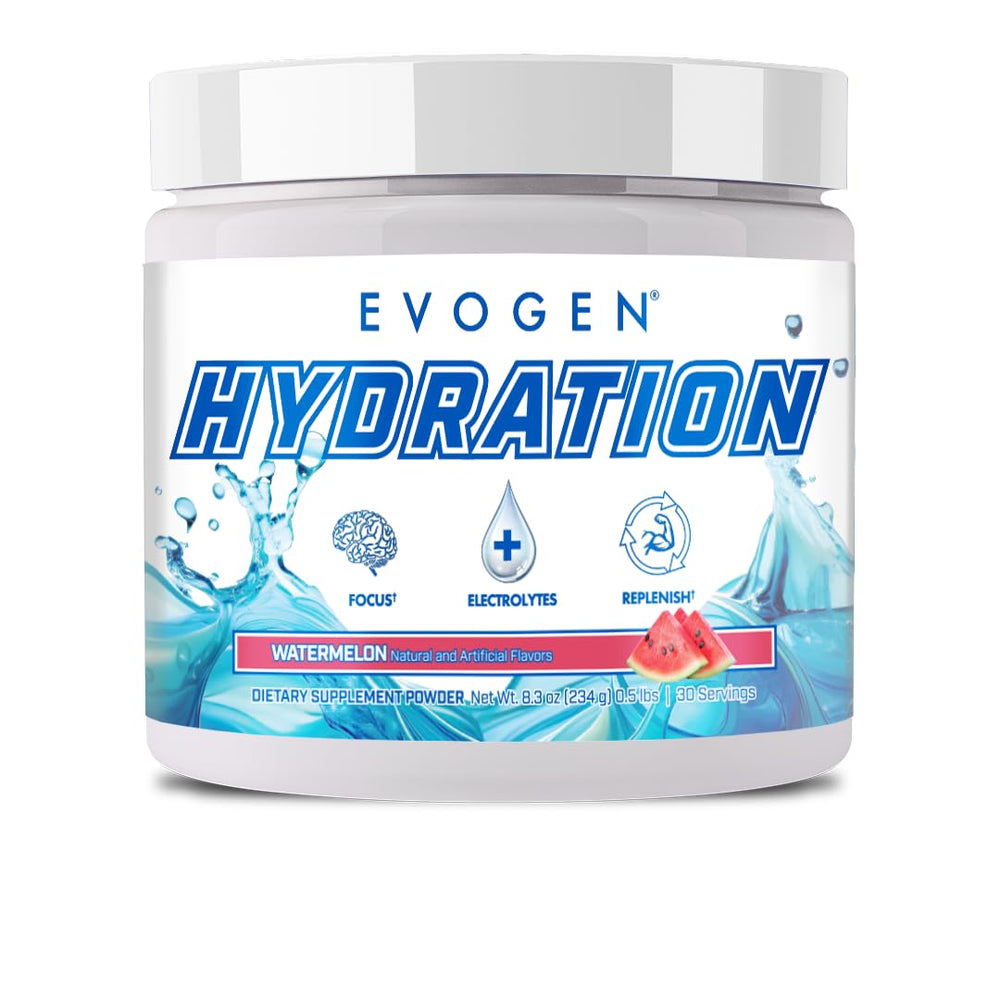 Evogen Hydration tub front showing sugar-free electrolyte powder for workouts