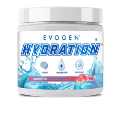 Evogen Hydration tub front showing sugar-free electrolyte powder for workouts