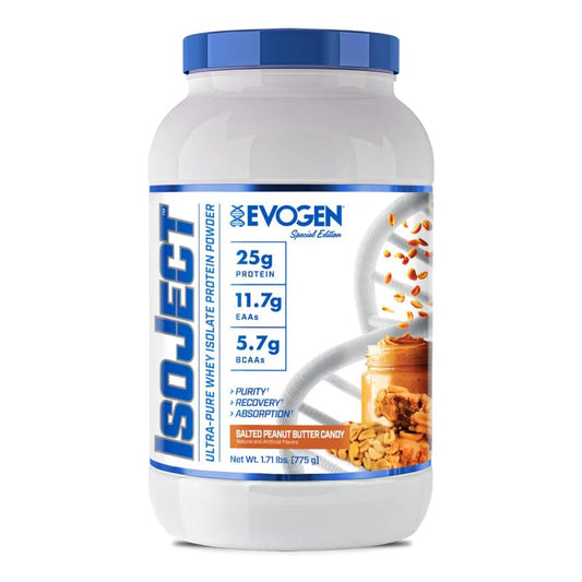 Evogen Isoject bottle pour highlights fast-absorbing whey protein isolate for post-workout support.