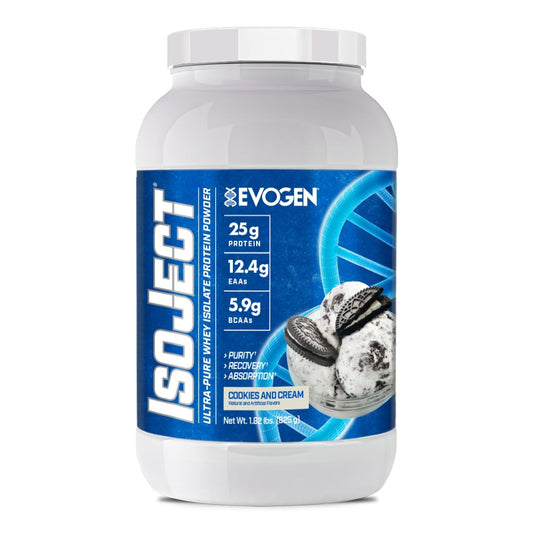 Evogen Isoject whey isolate tub; ultra-pure protein for quick absorption and smooth mix