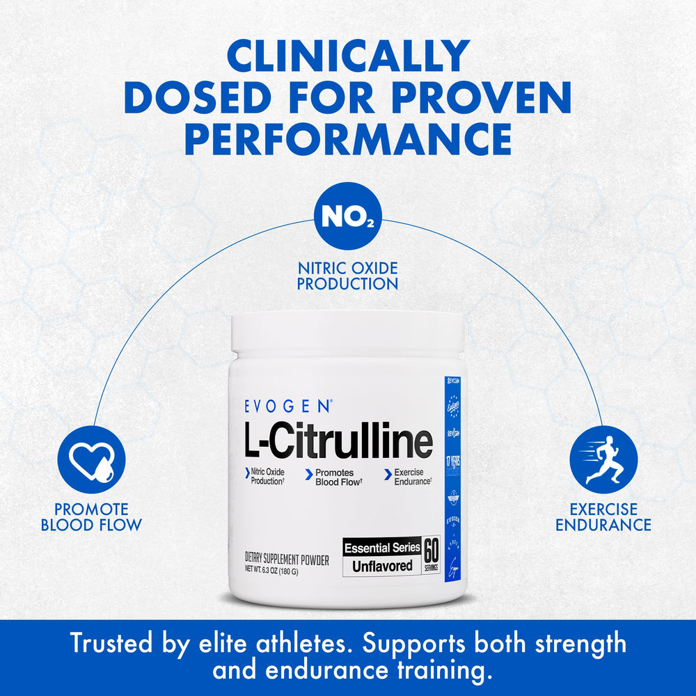 Evogen L-Citrulline powder scoop showing 3,000 mg serving for endurance support
