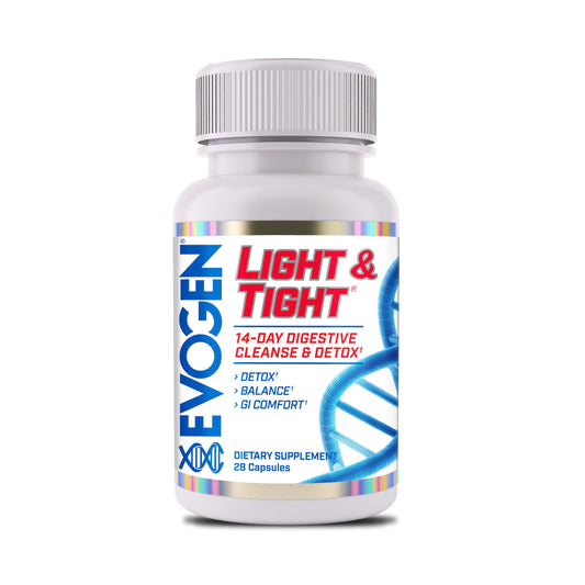 Evogen Light & Tight bottle packshot highlighting a detox formula for digestive support.
