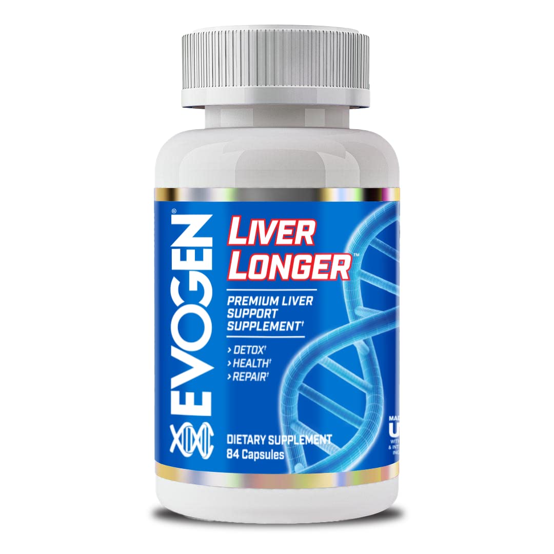Evogen Liver Longer bottle front view promoting premium liver support for daily wellness.