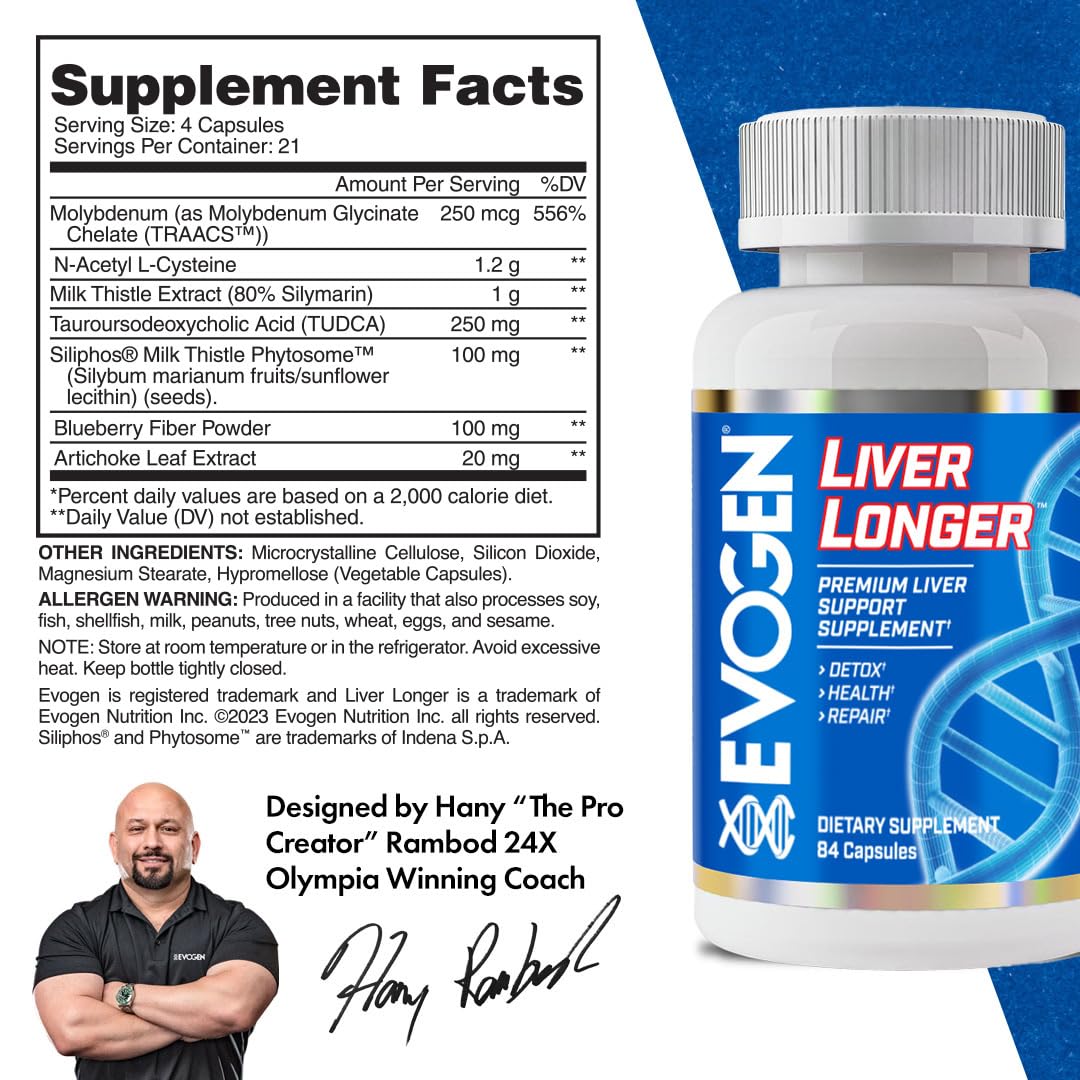 Evogen Liver Longer capsules close-up highlighting daily detox and liver health potential.