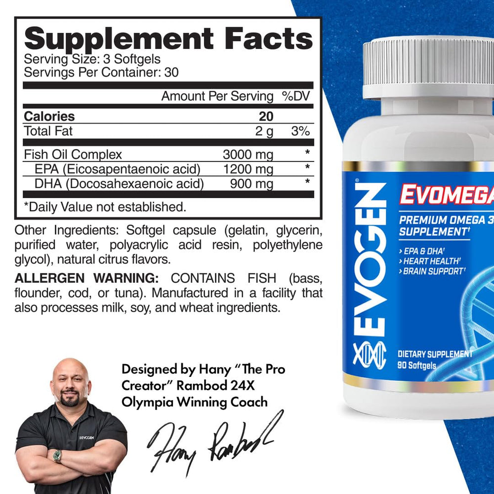 Closeup of Evogen Omega Fish Oil softgels for daily wellness and mobility.