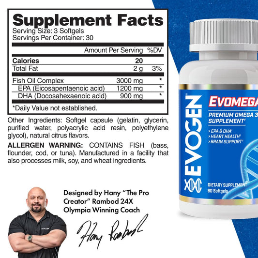 Closeup of Evogen Omega Fish Oil softgels for daily wellness and mobility.