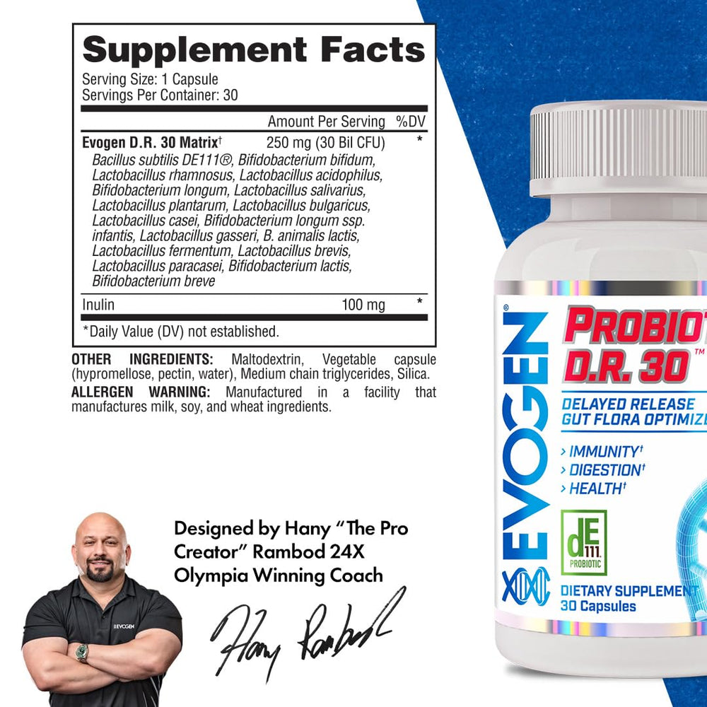 Evogen Probiotic D.R. 30 capsules closeup highlighting delayed-release coating.
