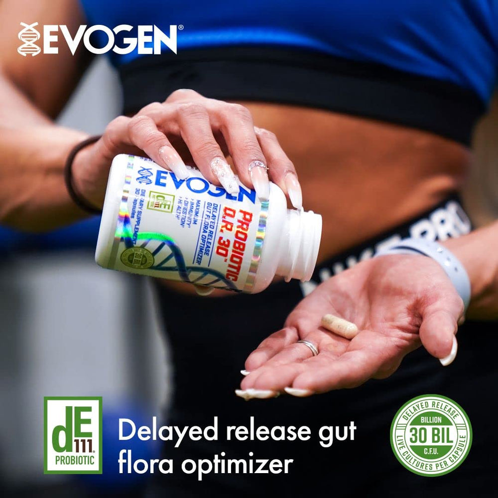 Evogen Probiotic D.R. 30 DE111 ingredients closeup for gut balance.