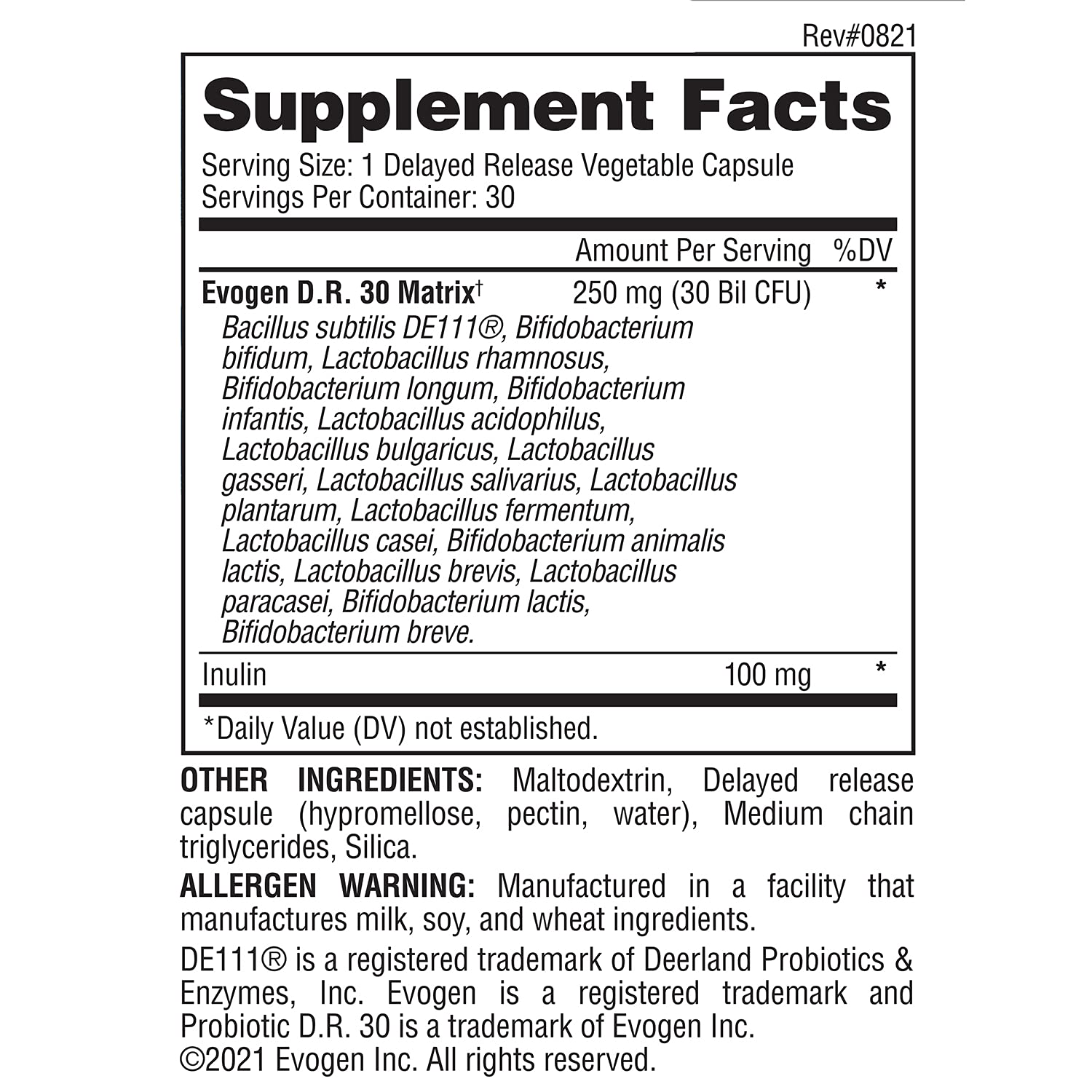Evogen Probiotic D.R. 30 seal and label emphasizing quality and strain DE111.