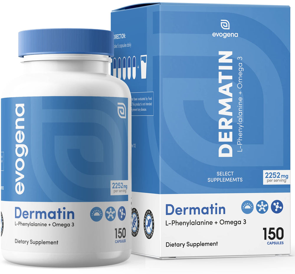 Evogena Dermatin bottle with pills for vitiligo support and skin health