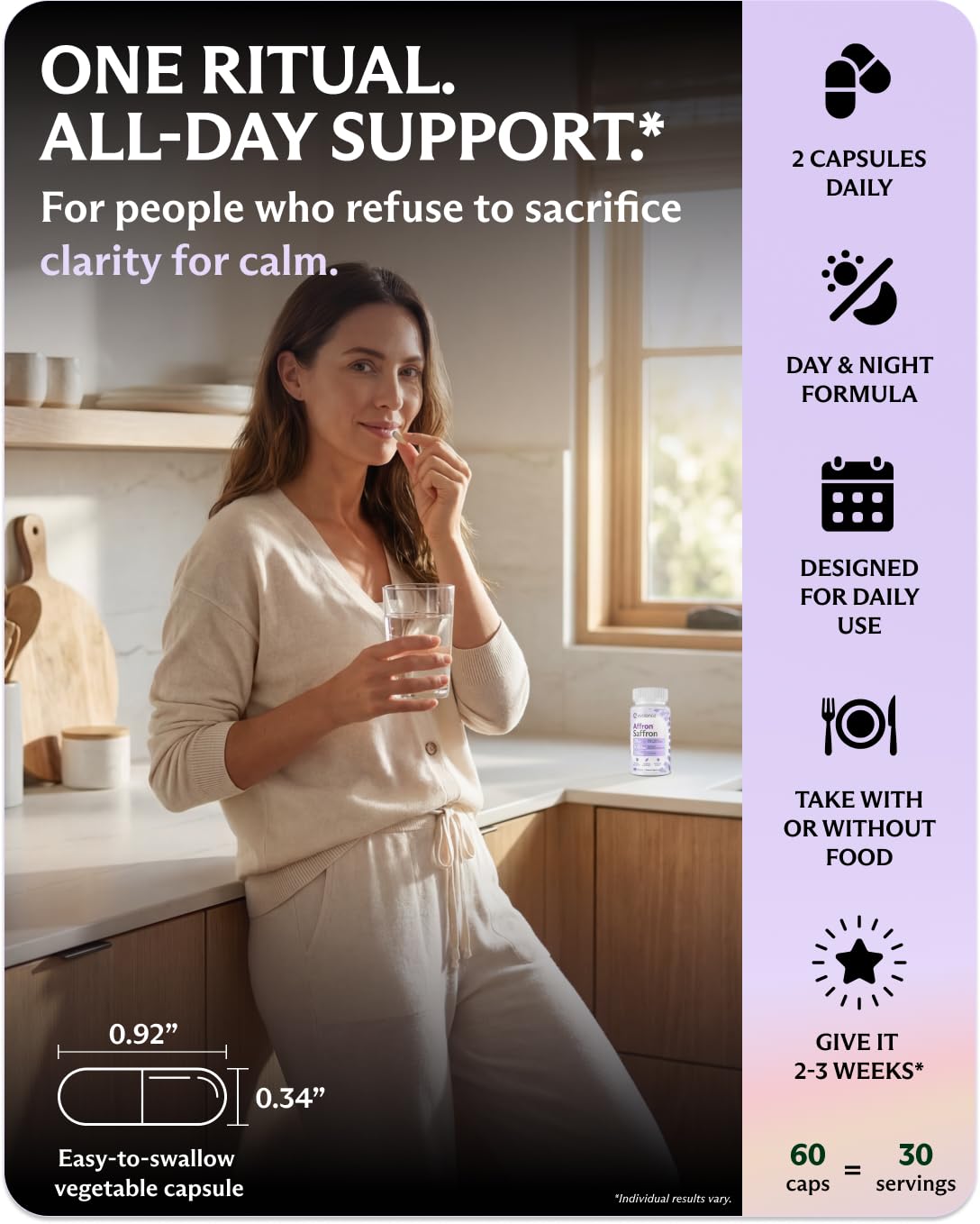 Evolance L-Theanine capsules promoting calm daytime focus.