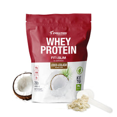 Evolution Advance Fit and Slim Blend tub front with coco-colada flavor, keto-friendly protein.