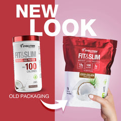Coco-colada flavored Evolution Advance Fit and Slim Blend shake poured into a glass.