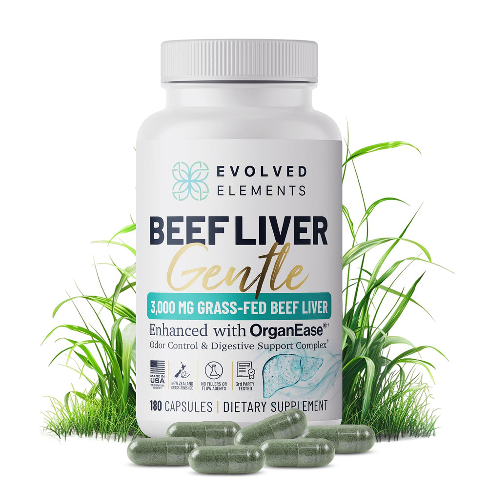 Evolved Elements Beef Liver Gentle bottle front, odor-neutral formula for easy daily use.