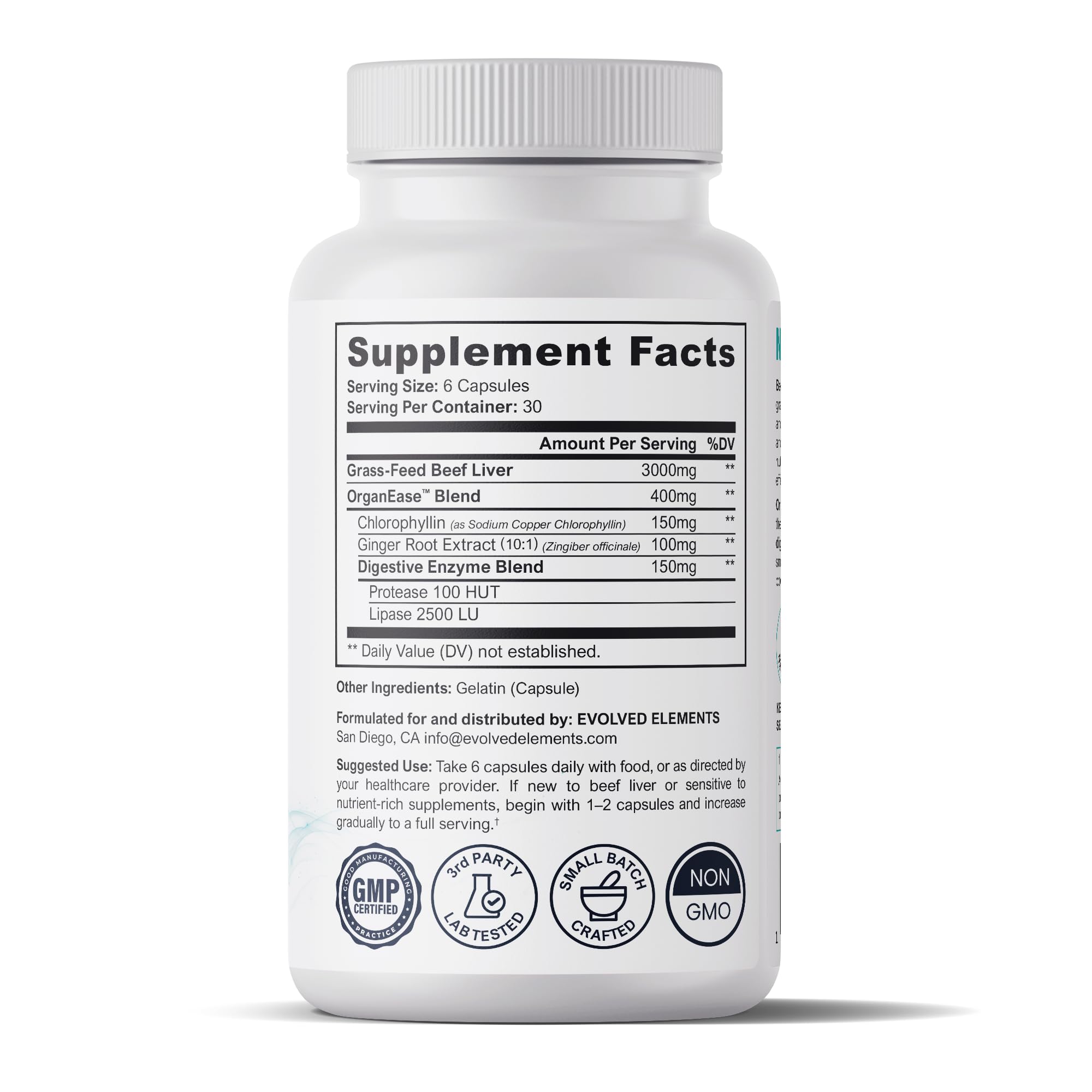 Evolved Elements Beef Liver Gentle ingredients highlight OrganEase for smoother digestion.
