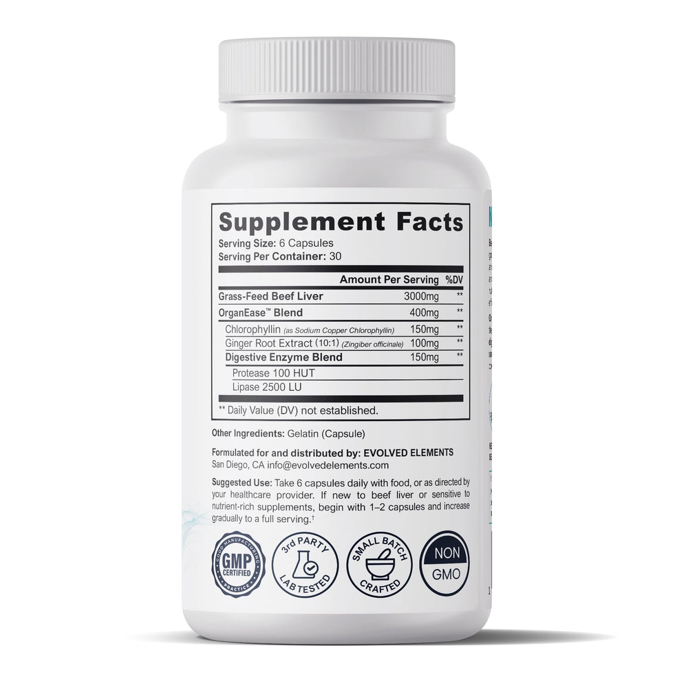 Evolved Elements Beef Liver Gentle ingredients highlight OrganEase for smoother digestion.