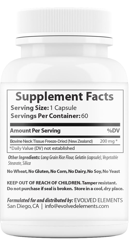 Closeup of Evolved Elements Thyroid capsules highlighting compact, easy to take design.
