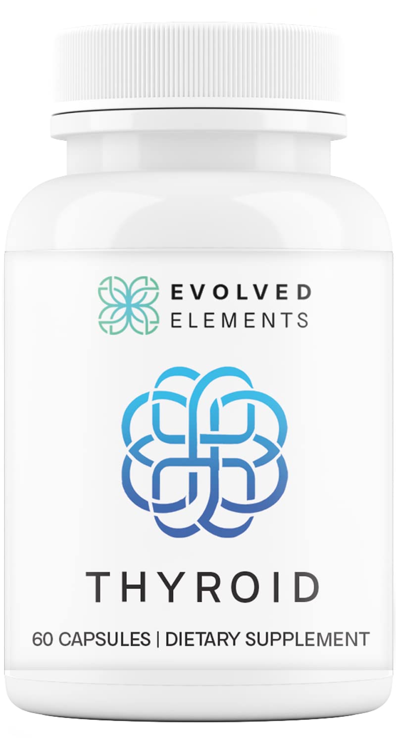Evolved Elements Thyroid bottle with capsules on white background, showcasing daily energy support.