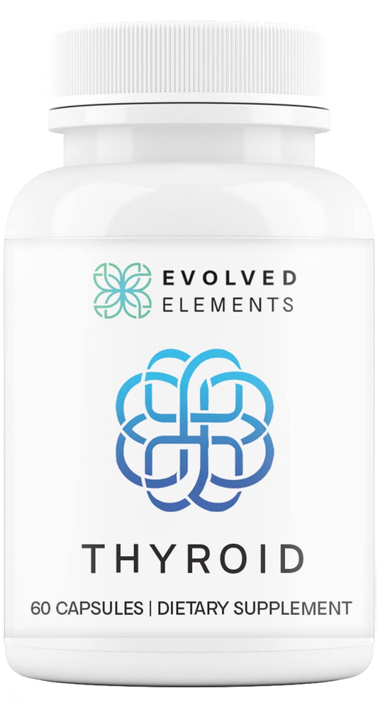 Evolved Elements Thyroid bottle with capsules on white background, showcasing daily energy support.