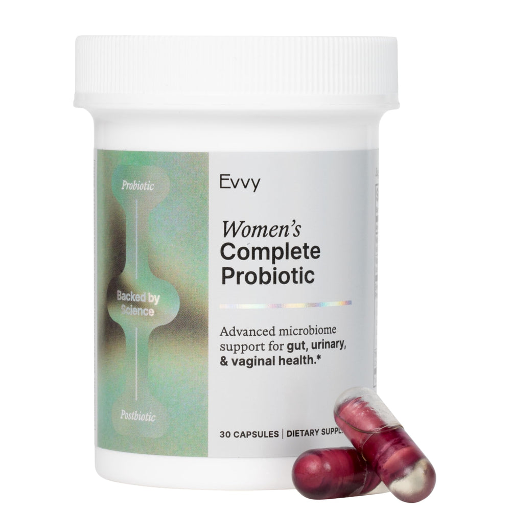 Evvy women's complete probiotic bottle showing 3-in-1 daily support for gut, urinary, and vaginal health.