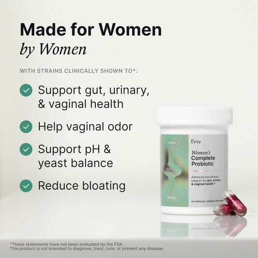 Evvy probiotic capsule close-up showing capsule form and ease of use.