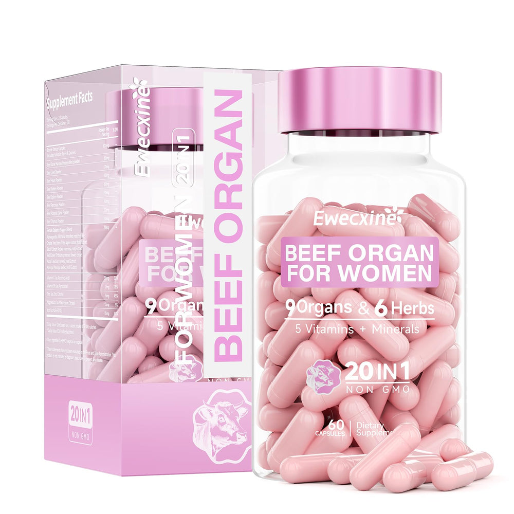 Ewecxine Beef Organs bottle with capsules designed for hormone support and natural energy