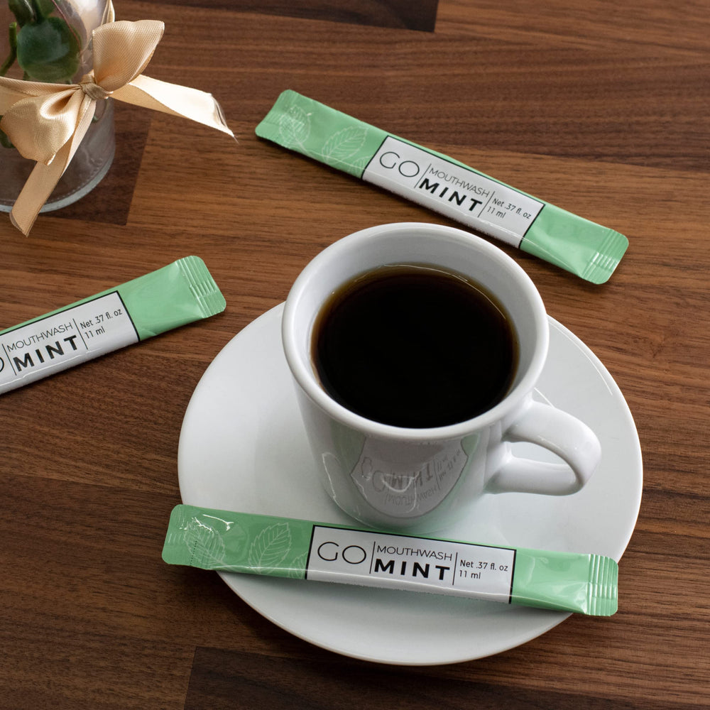 Exershield GO mint-flavored packets with foil seal delivering a fresh breath after meals