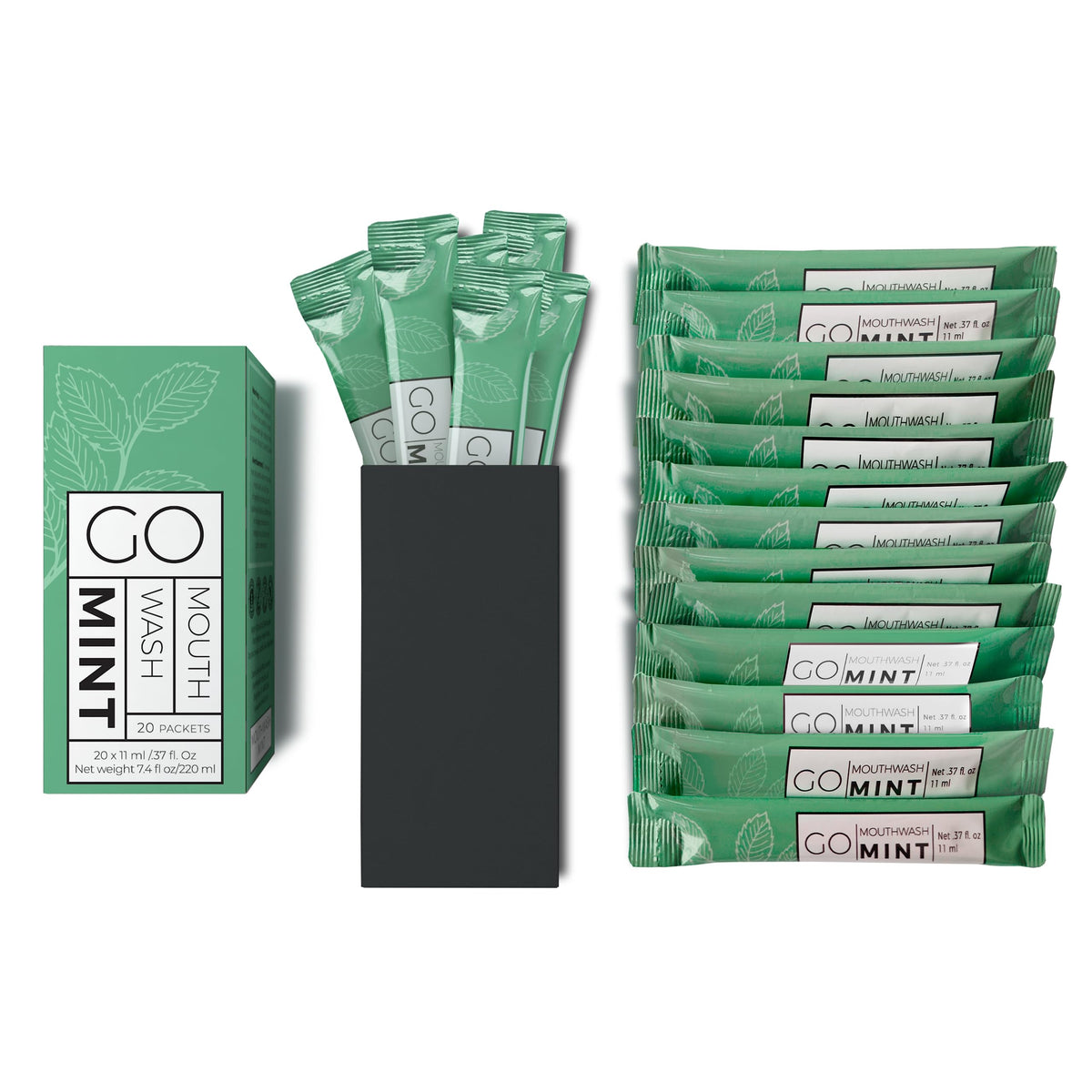 Exershield GO travel mouthwash packets front view, compact on-the-go freshness