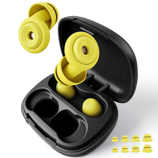 EXOVOW Ear Plugs packaging in yellow illustrating reusable design for long-term noise reduction.