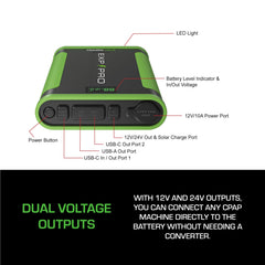 EXP PRO APEX CPAP Battery 12V and 24V outputs power most machines on the go.