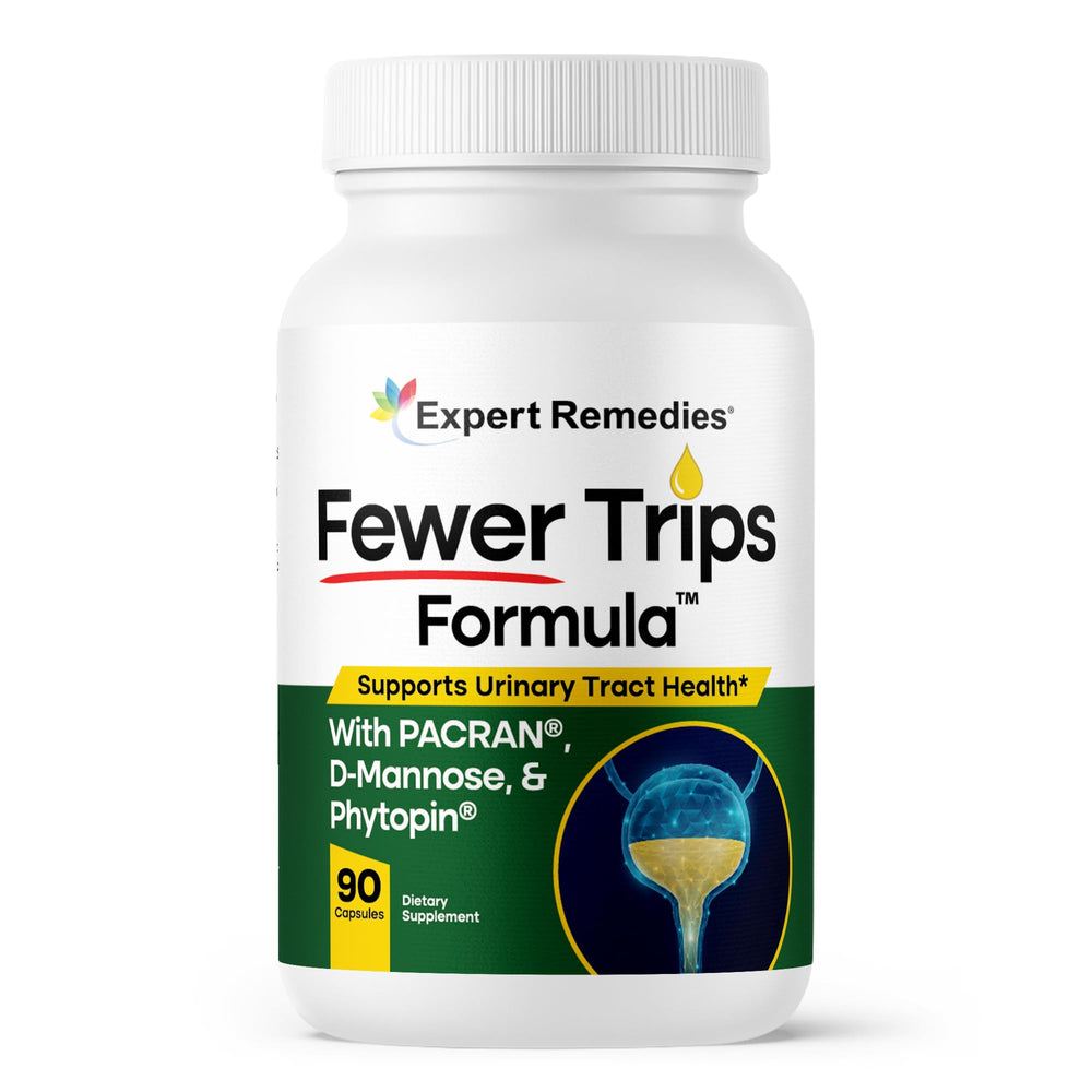 Expert Remedies Fewer Trips Formula bottle on shelf supports daily urinary comfort.